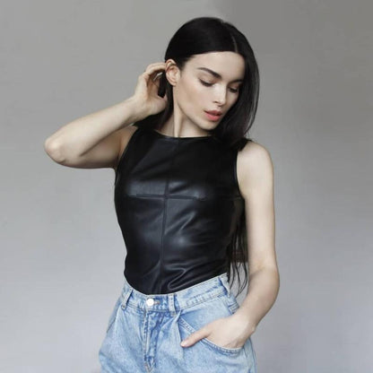 Stylish Women's Leather Tank Top – Edgy Sleeveless Faux Leather Fashion