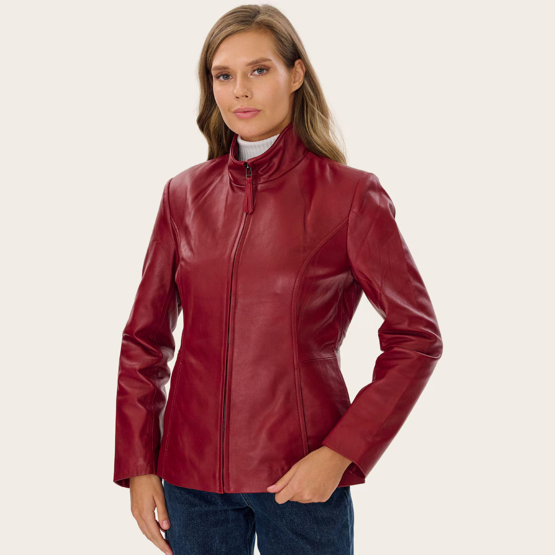 Red Lambskin Leather Jacket: Women's Slim Fit Racing Style