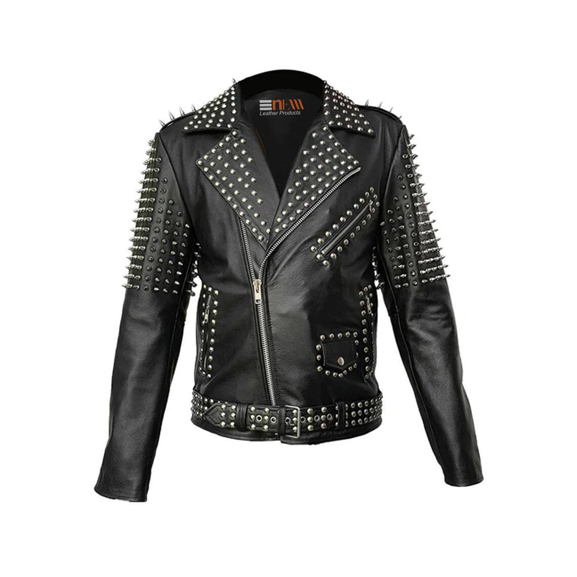 Mens Leather Jacket Studded Party Jackets with Steel Studs Handmade