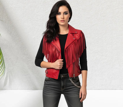 Women Red Leather Fringe Vest, Genuine Sleeveless Western Biker Fringe Vest