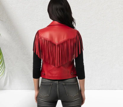 Women Red Leather Fringe Vest, Genuine Sleeveless Western Biker Fringe Vest