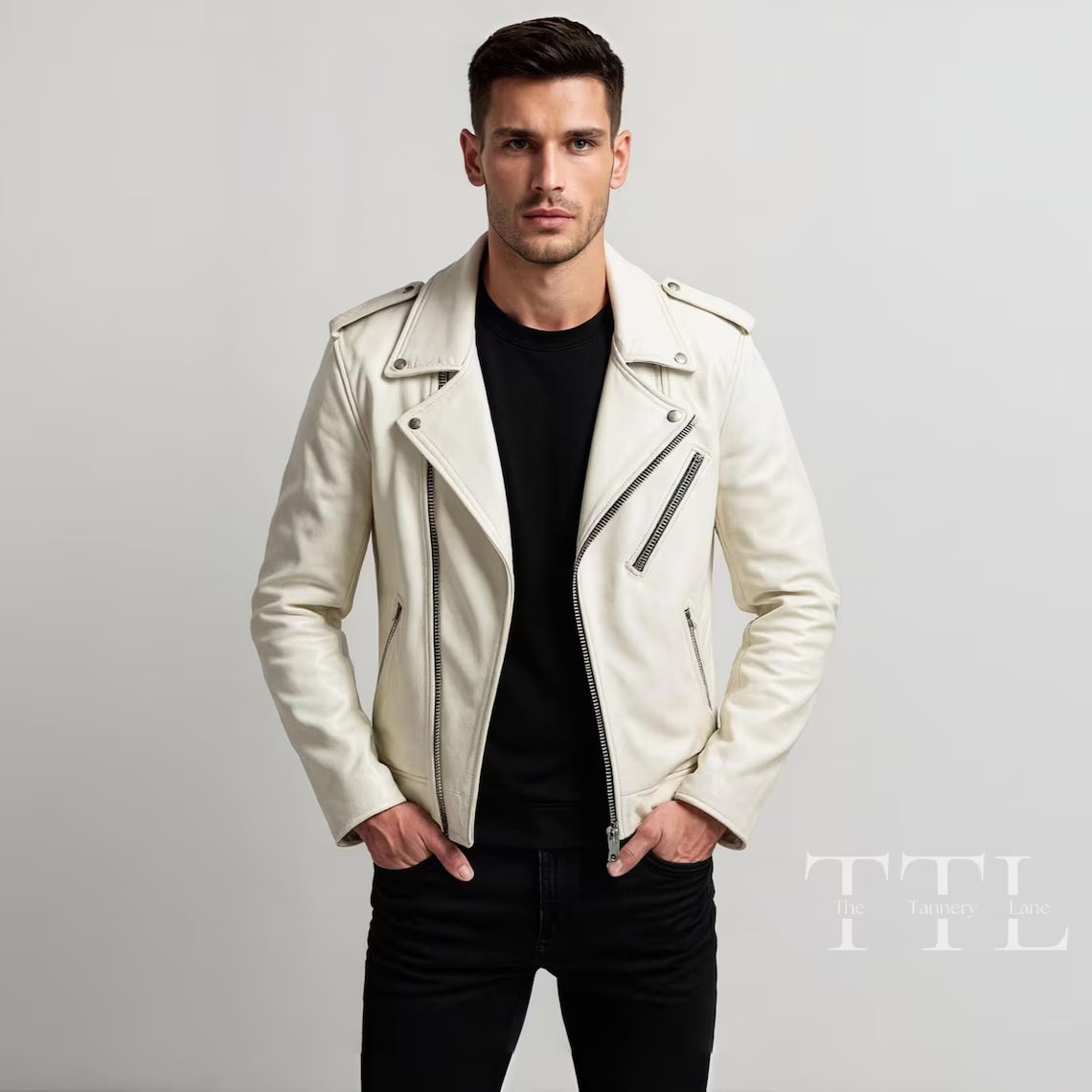 Handmade White Lambskin Leather Biker Jacket – Slim Fit