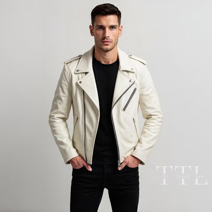 Handmade White Lambskin Leather Biker Jacket – Slim Fit