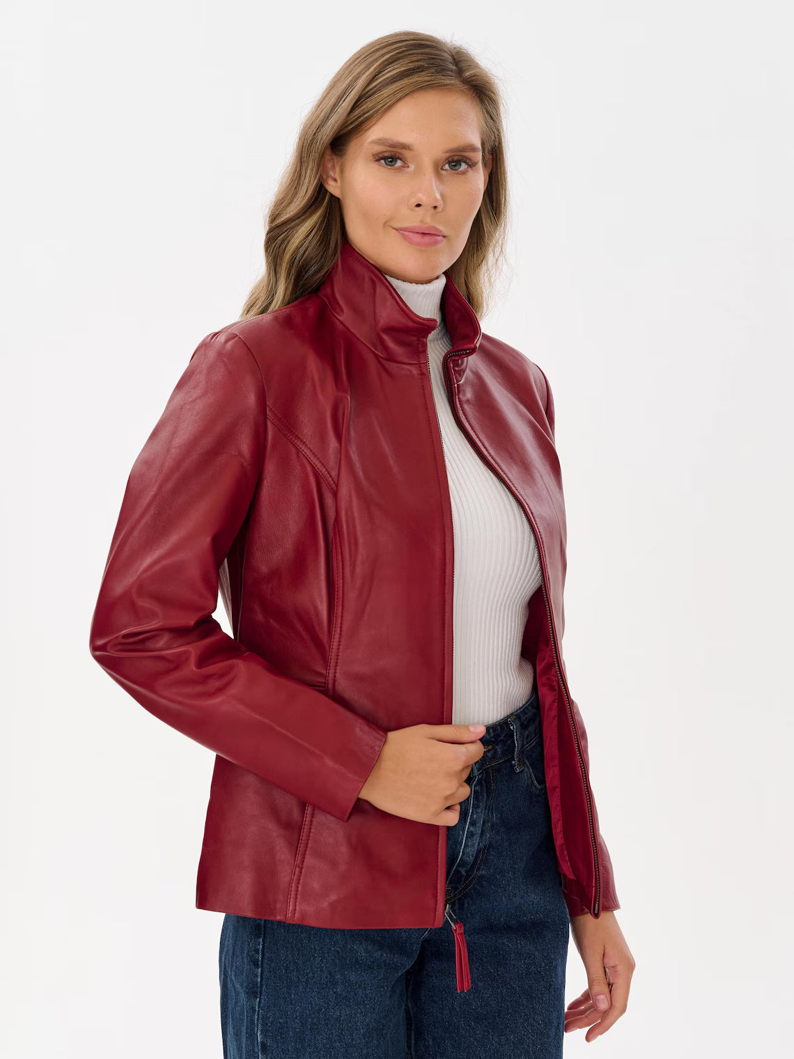 Red Lambskin Leather Jacket: Women's Slim Fit Racing Style