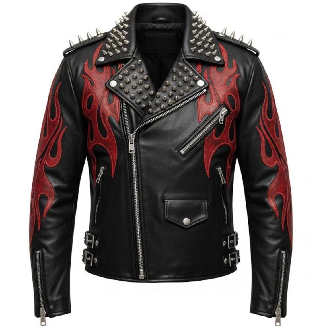 Red Flame Black Leather Biker Jacket: Spiked Shoulders, Studded Collar