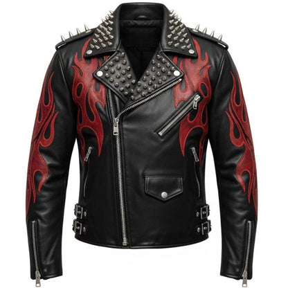 Red Flame Black Leather Biker Jacket: Spiked Shoulders, Studded Collar