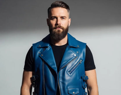 Premium Blue Leather Vest For Men