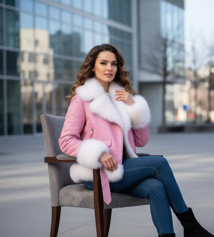 Pink Leather Biker Jacket with Luxury Fox Fur Collar