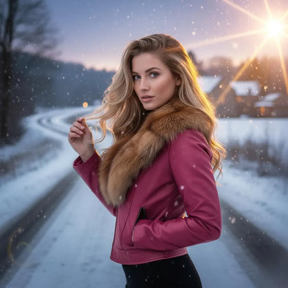 Vintage Pink Leather Jacket Women's Genuine Leather - Collar