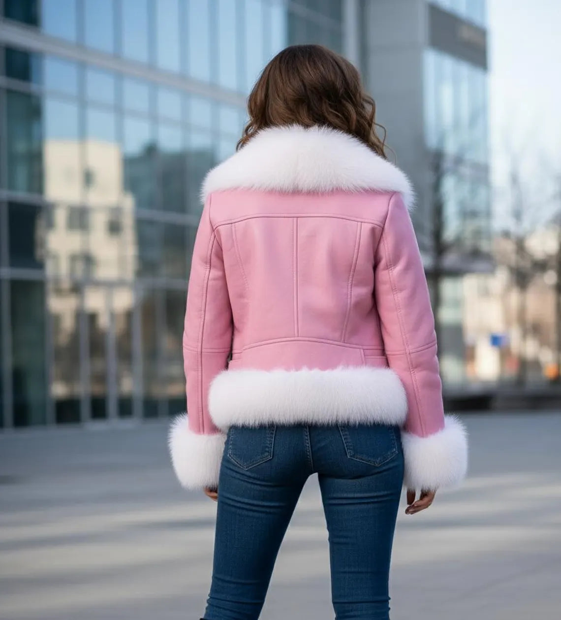 Pink Leather Biker Jacket with Luxury Fox Fur Collar