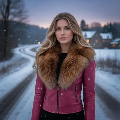 Vintage Pink Leather Jacket Women's Genuine Leather - Collar