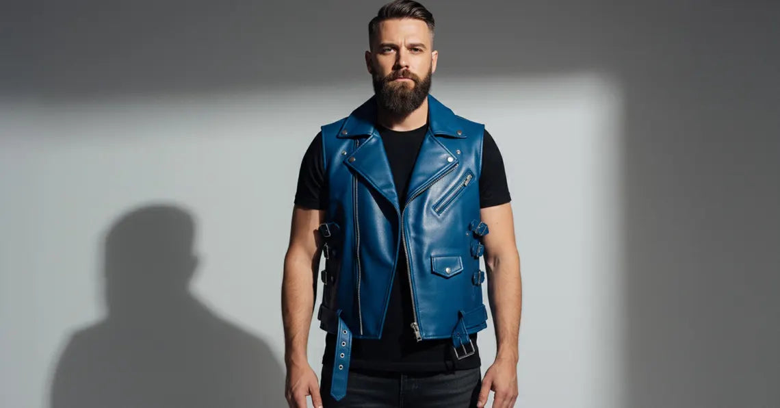 Premium Blue Leather Vest For Men