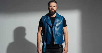 Premium Blue Leather Vest For Men
