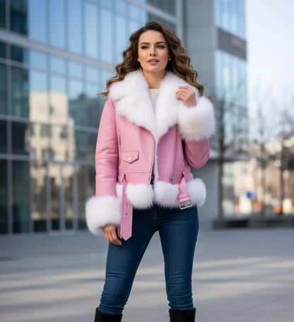 Pink Leather Biker Jacket with Luxury Fox Fur Collar