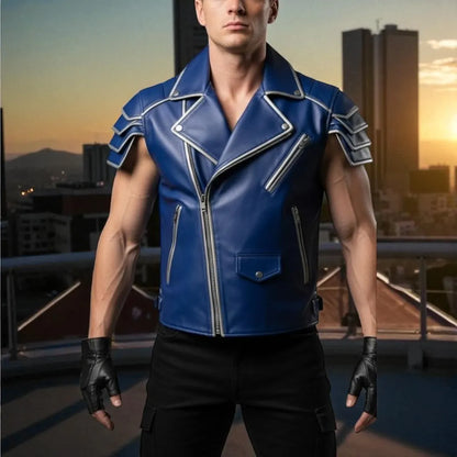 Handmade Blue Leather Biker Vest | Custom Fitted Motorcycle Waistcoat