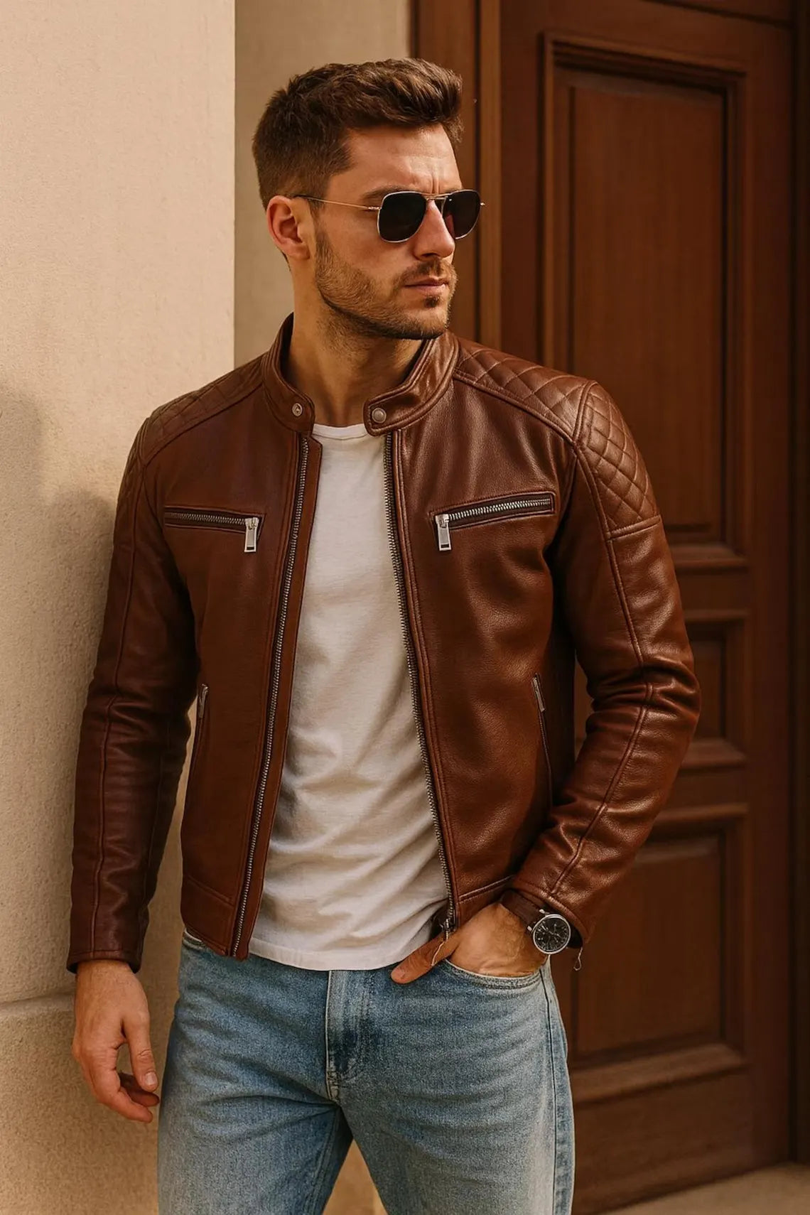Handmade Mens leather jacket-Slim Fit Brown
