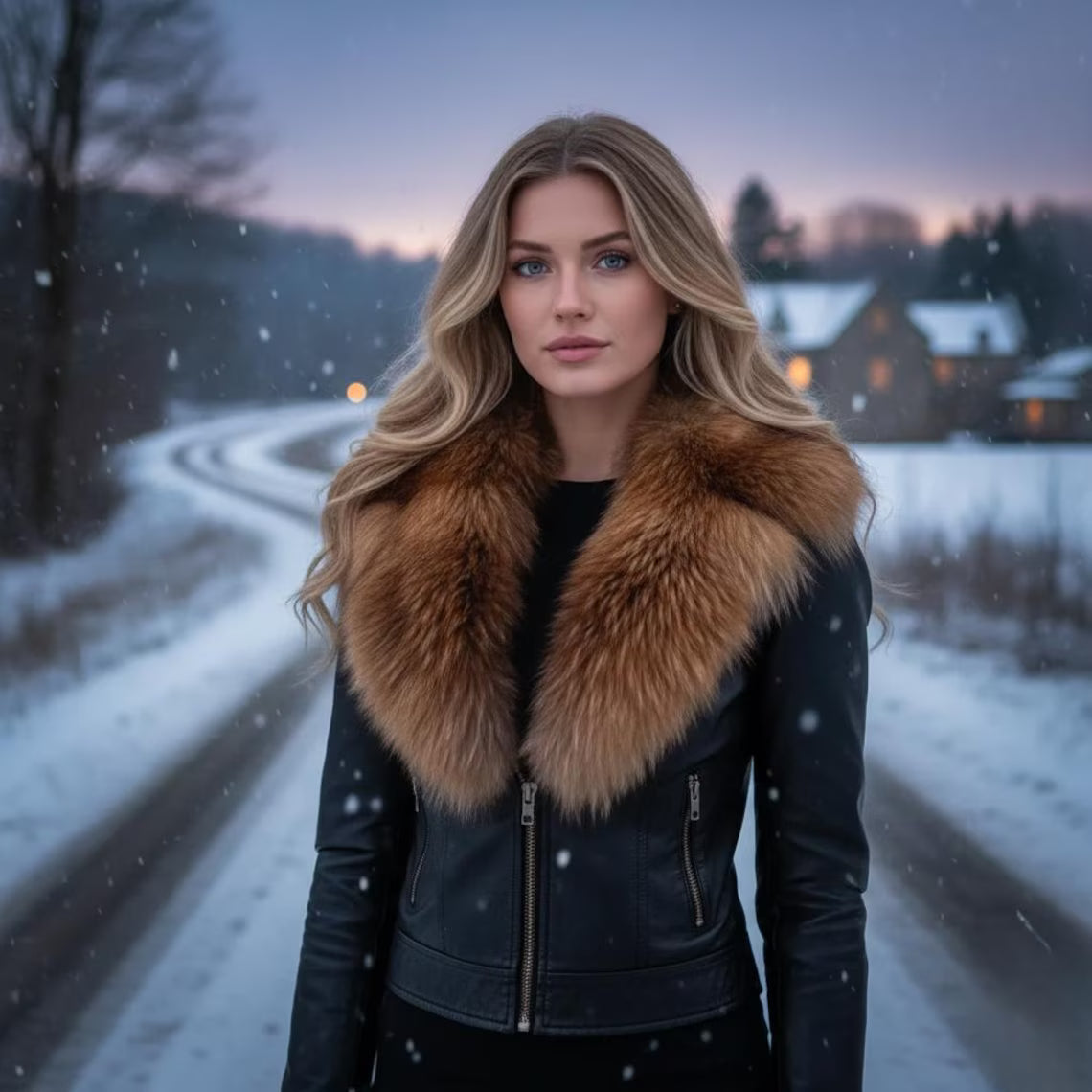 Genuine Leather Jacket: Women’s Vintage Black Coat with Fox Fur Collar