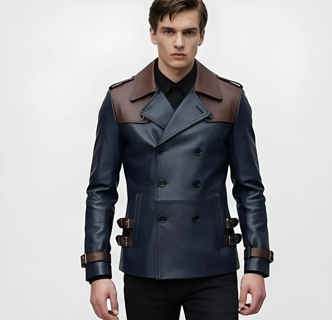 Men’s Leather Trench Jacket – Double Breasted Navy Blue