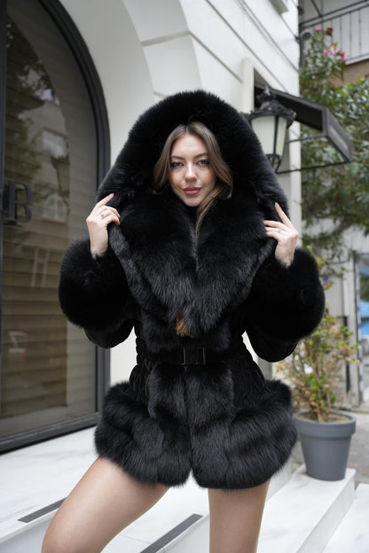 Handmade Black Fox Fur Coat, Hooded Belted Winter Outerwear