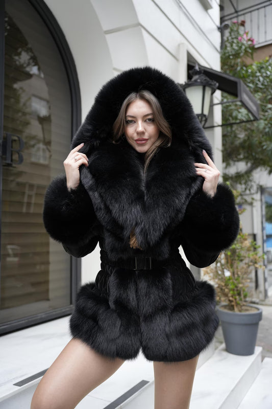 Handmade Black Fox Fur Coat, Hooded Belted Winter Outerwear
