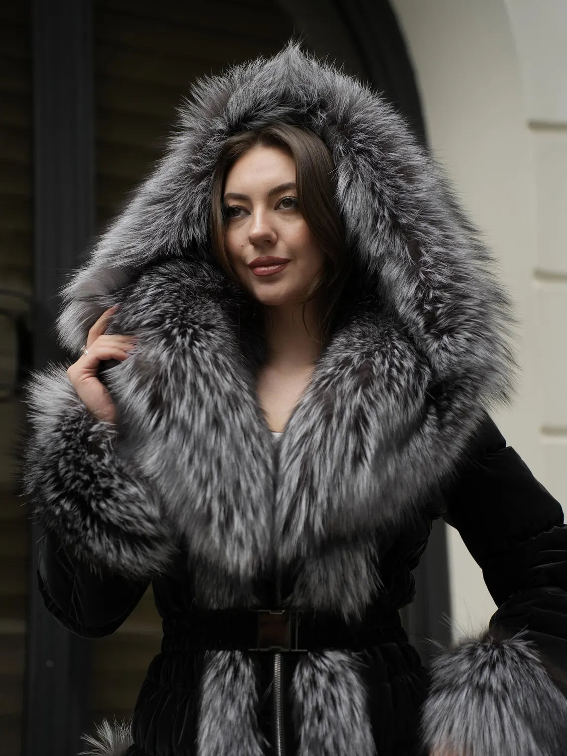 Silver Fox Fur Puffer Jacket: Handmade Hooded Winter Coat