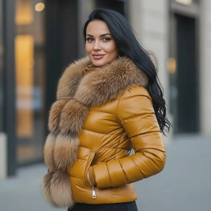 Women’s Winter Puffer Leather Jacket Real Fox Fur Trim Hood