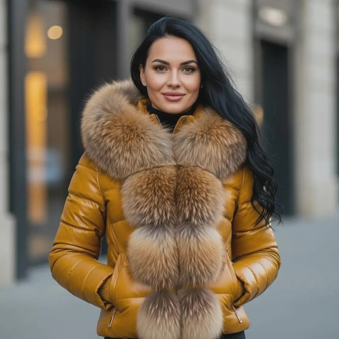Women’s Winter Puffer Leather Jacket Real Fox Fur Trim Hood