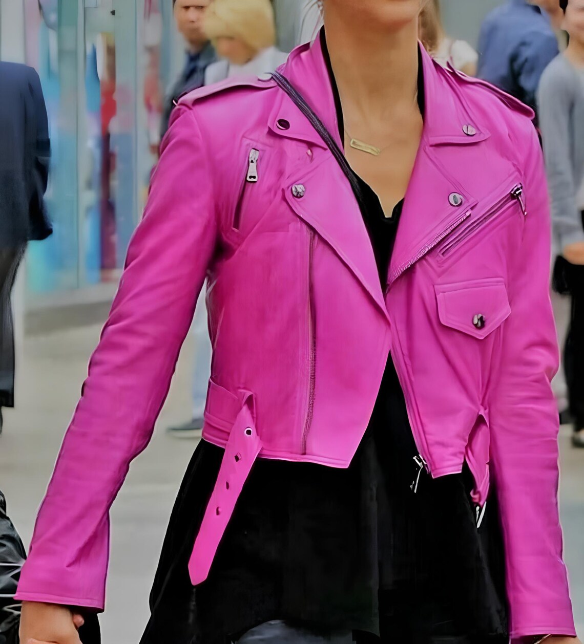 Women's Hot Pink Biker Jacket, Casual Cropped Jacket, Women's Biker Motorcycle Jacket