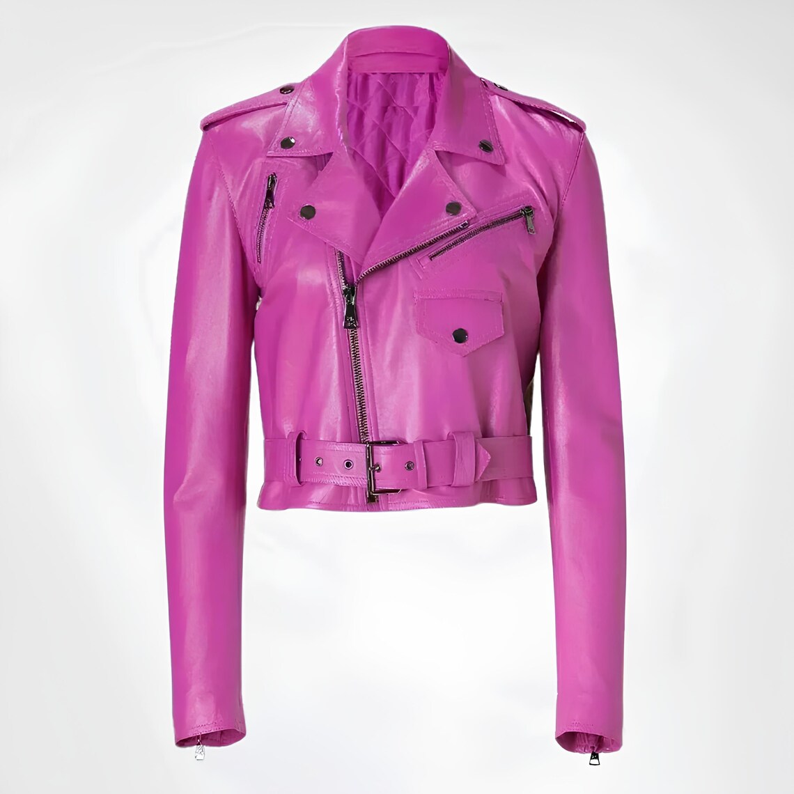 Women's Hot Pink Biker Jacket, Casual Cropped Jacket, Women's Biker Motorcycle Jacket