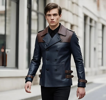 Men’s Leather Trench Jacket – Double Breasted Navy Blue