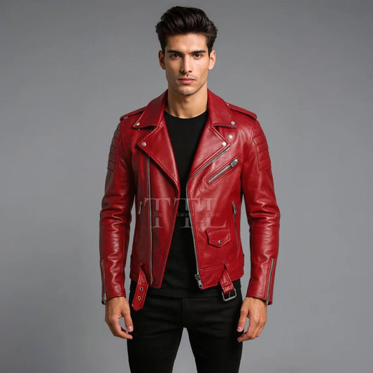 Handmade Red Lambskin Leather Biker Jacket – Slim Fit