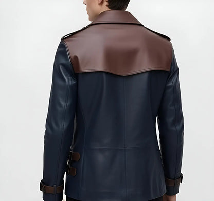 Men’s Leather Trench Jacket – Double Breasted Navy Blue