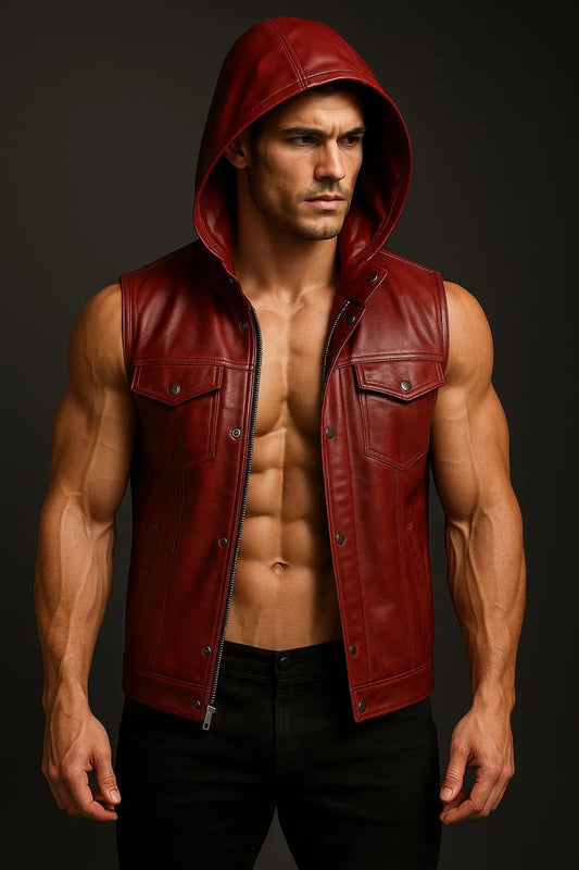 Red Leather Hooded Vest: Handmade Genuine Sheepskin