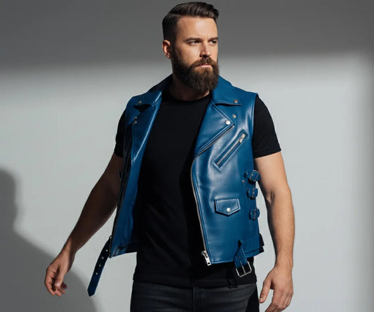 Premium Blue Leather Vest For Men