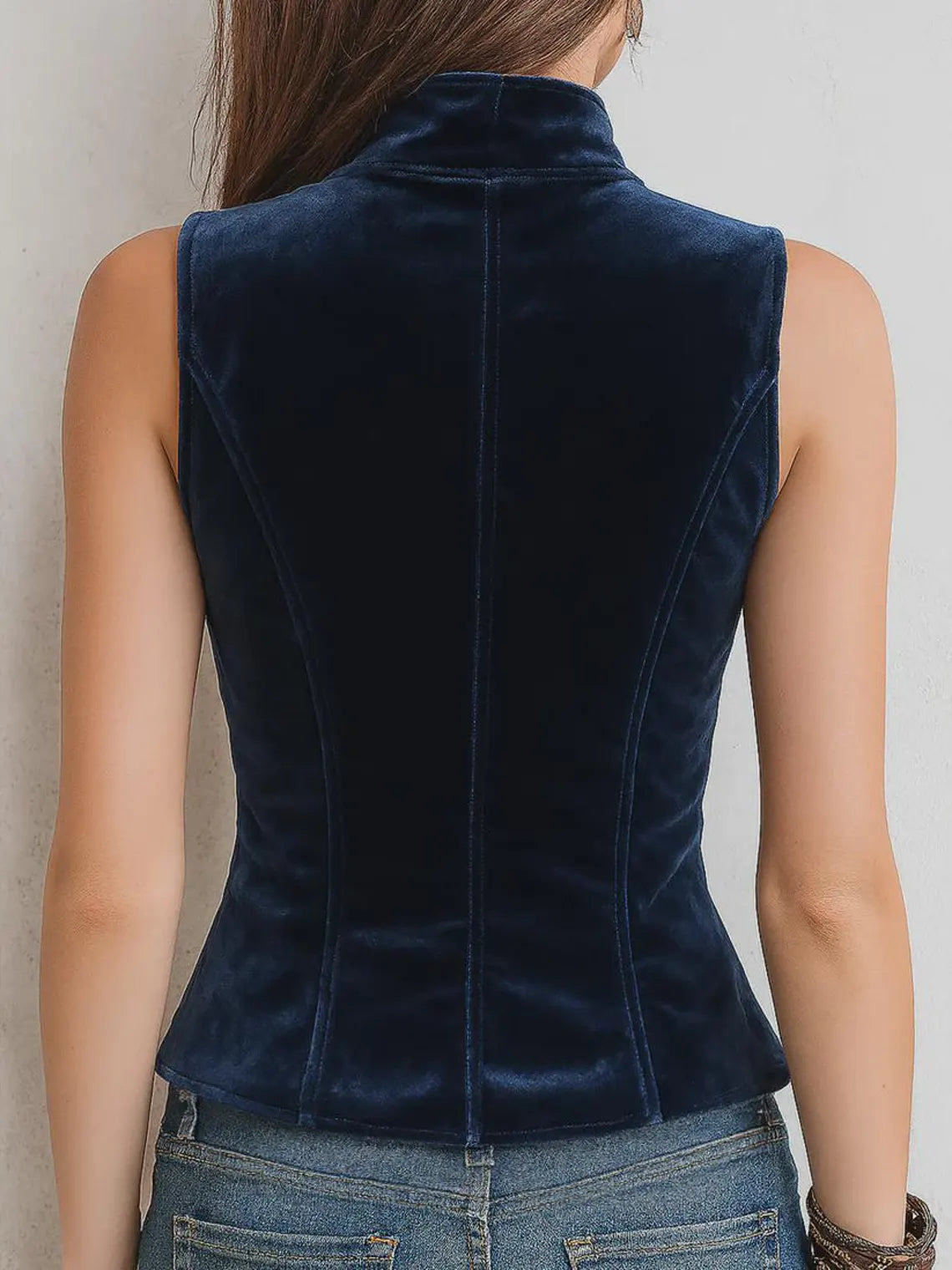 Vintage Stand Collar Button Velvet Vest for Women