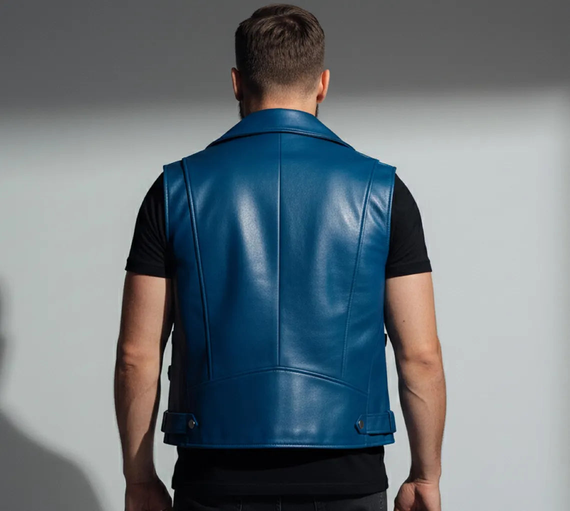 Premium Blue Leather Vest For Men