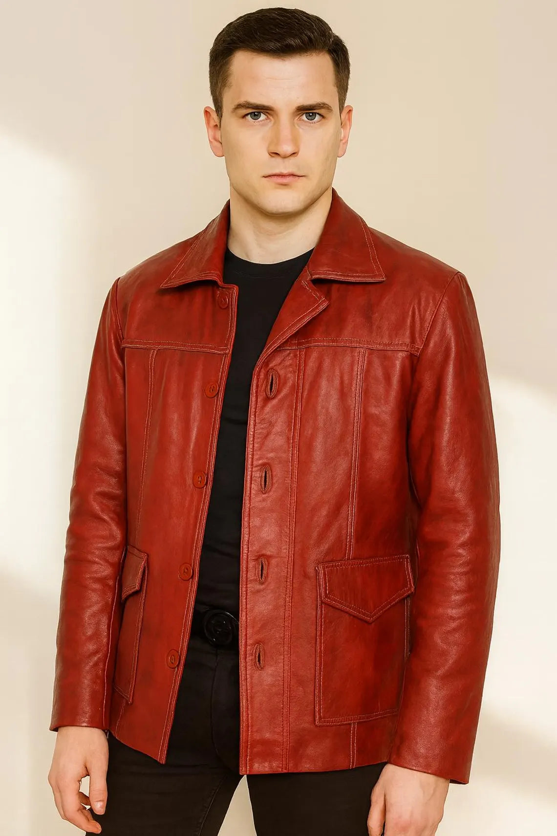 Fight Club Red Leather Jacket: Tyler Durden Movie Biker Coat