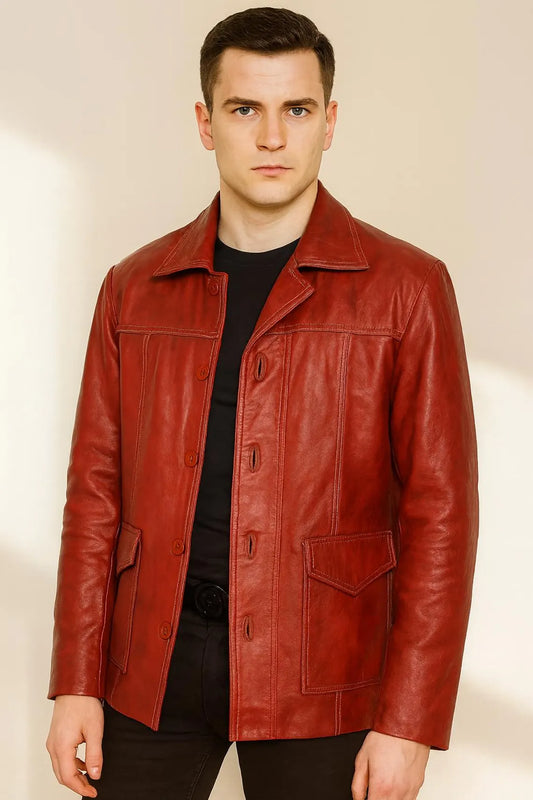 Fight Club Red Leather Jacket: Tyler Durden Movie Biker Coat