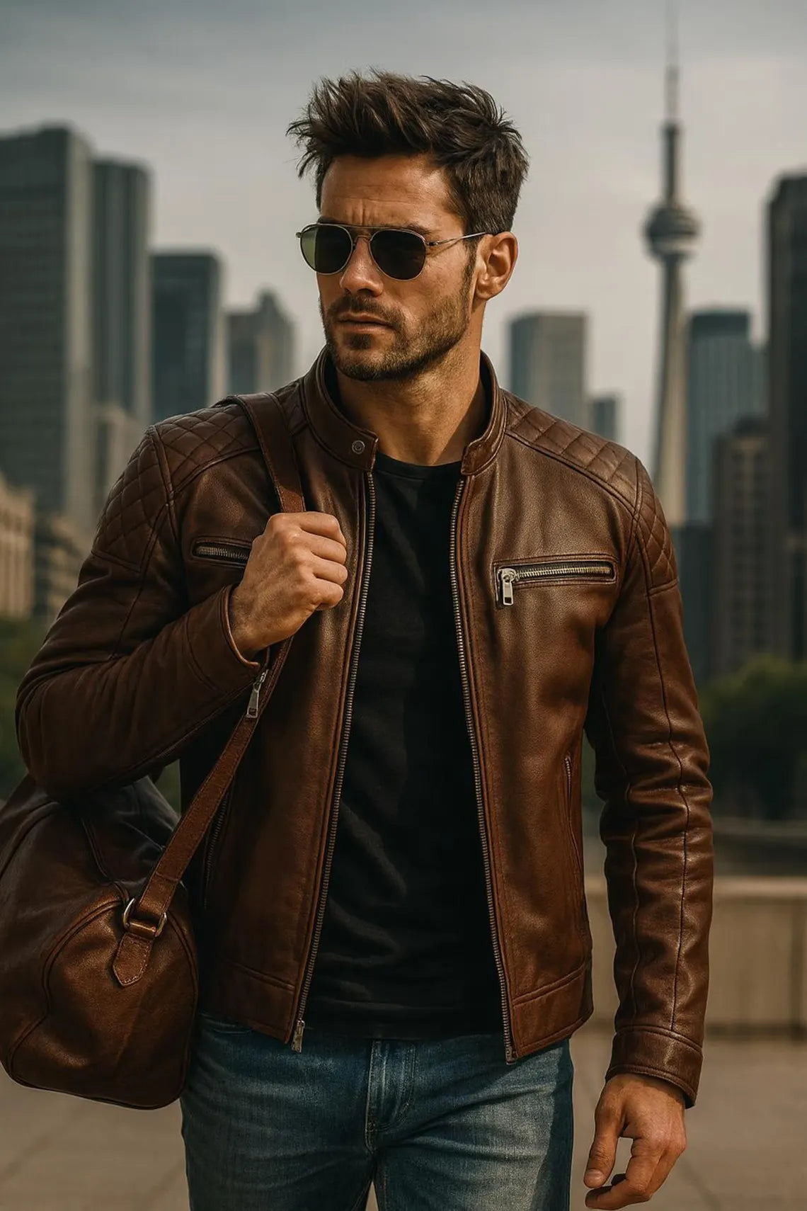 Handmade Mens leather jacket-Slim Fit Brown