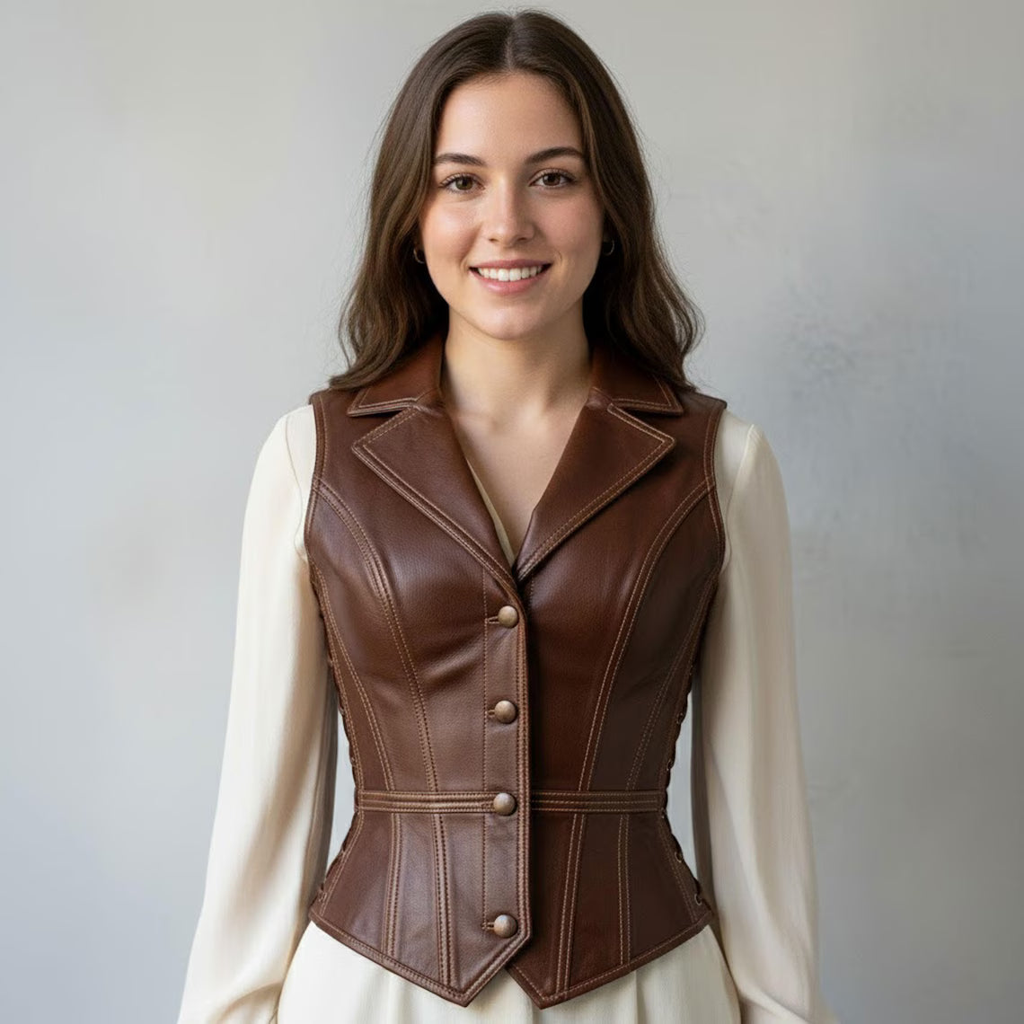 Handmade Brown Leather Vest for Women, Elegant Slim Fit