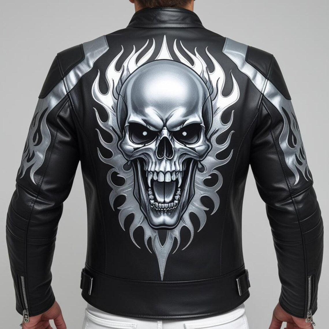 Handmade Black Leather Biker Jacket: Skull & Flames, Gothic Punk Motorcycle Coat