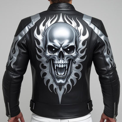 Handmade Black Leather Biker Jacket: Skull & Flames, Gothic Punk Motorcycle Coat