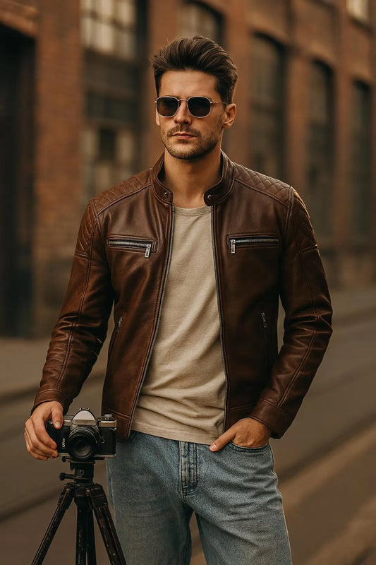 Handmade Mens leather jacket-Slim Fit Brown