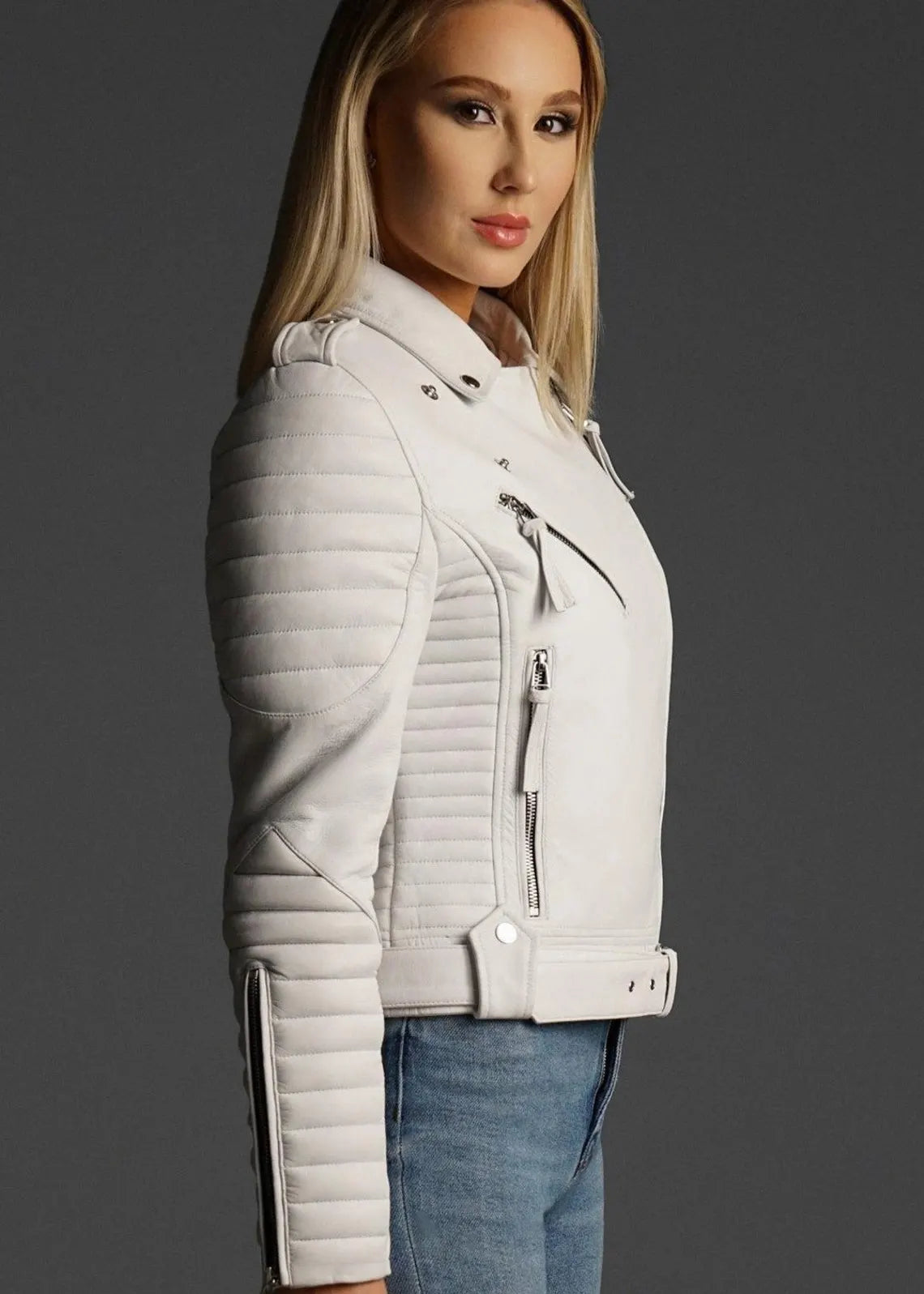 Women White Fashion Leather Jacket