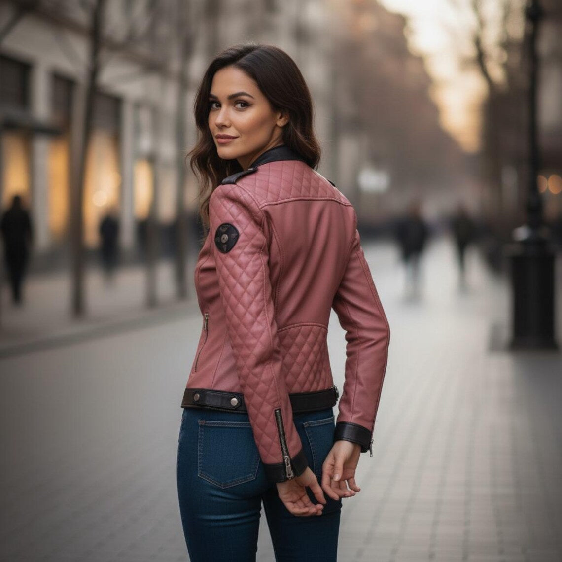 Black Pink Genuine Sheepskin Diamond Quilted Rider Leather Jacket