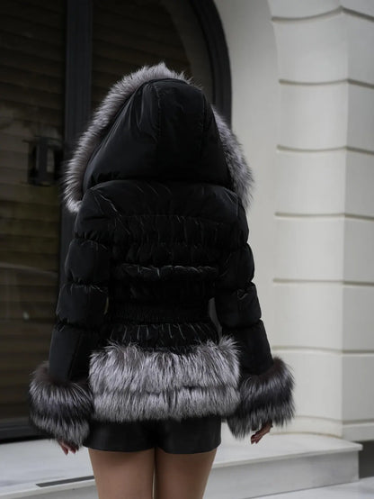 Silver Fox Fur Puffer Jacket: Handmade Hooded Winter Coat
