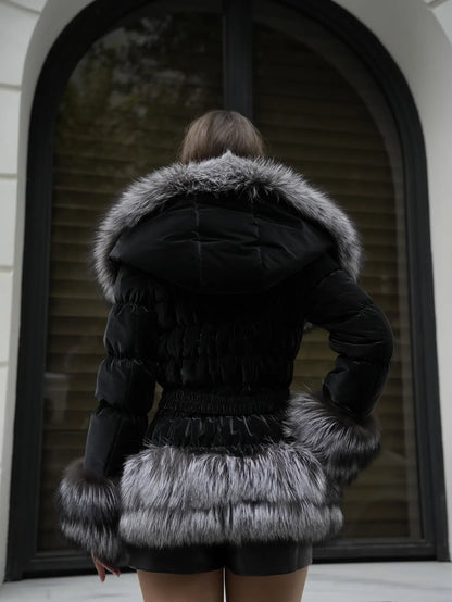 Silver Fox Fur Puffer Jacket: Handmade Hooded Winter Coat