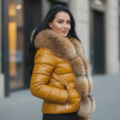 Women’s Winter Puffer Leather Jacket Real Fox Fur Trim Hood