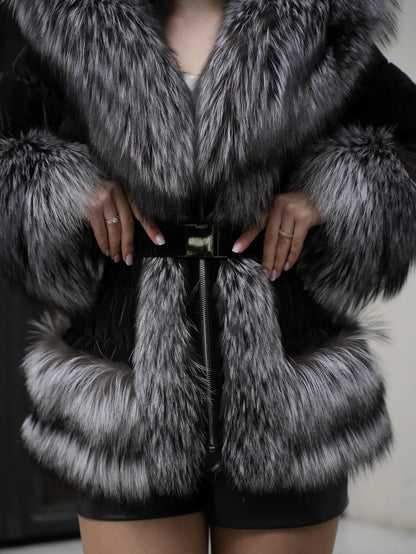 Silver Fox Fur Puffer Jacket: Handmade Hooded Winter Coat