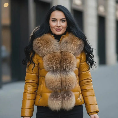 Women’s Winter Puffer Leather Jacket Real Fox Fur Trim Hood